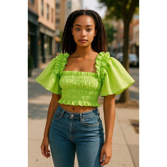 Zara Lime Green Smocked Ruffle Poplin Crop Top With Flutter Sleeves XS - Picture 13 of 13